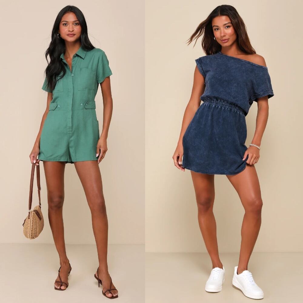 NWT Lulus Short Sleeve Mini Dress & Romper Green Linen Dark Blue Bundle Size M